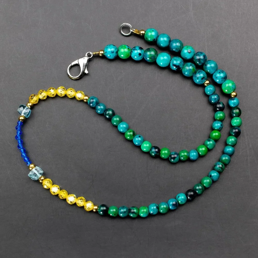 Colorful multi stone bead necklace short, unusual tiny gemstone crystal choker